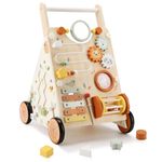 Pithfor Wooden Baby Walker, Baby Push Walker with Activity Center for Girls Boys, Push Walker Toys for Babies Learning to Walk, Sit-to-Stand