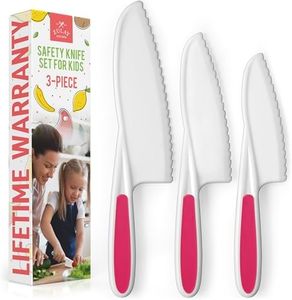 Zulay 3-Piece Kids Knife Set for Real Cooking & Baking - Toddler Knives for Cutting Fruits, Veggies, & Cake - Children’s Montessori Knife with Serrated Edges - Safe & Fun Lettuce Knife (Hot Pink)