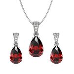 Clara 925 Sterling Silver Blood Red Tear Drop Pendant Earring Chain Jewellery Set | Rhodium Plated, Swiss Zirconia | Gift for Women & Girls