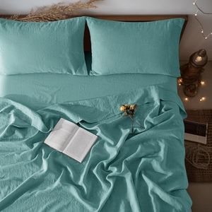 LBR02M 100% Linen Sheet Set Twin XL Size,Bed Sheets 3 Piece Sets,Solid Color Natural Flax Bed Sheets Soft Breathable Bedding,16" Deep Pocket,All Season (Twin XL, Aqua)