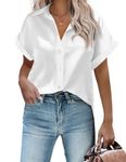 Chigant Button Down Shirts for Women Short Sleeve Silk Satin Blouse Formal Business Tops White