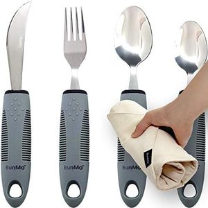 BUNMO Adaptive Utensils for Elderly/Arthritis/Weak Hand Grip & Handicapped - Convenient Travel Pouch