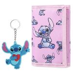 Disney Stitch Kids Wallet and Keyring Gift Set Cute Trifold Wallet with Coin Purse Card Slots and Keychain Stitch Gifts (Pink Stitch)