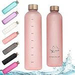 32oz Daily Water Bottle with Time Marker,Reusable Plastic BPA Free Water Jug,1 Liter Frosted Drinking Bottle for Office,Home,School,Travel,Gym and Outdoor Sports(32oz/1000ml,Pink/with Maple Leaf)