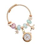 ZOVUTA Women and Girls Fashion Stainless Steel Beaded Adjustable Quartz Watch with Hanging Charms Bangle Jewellery Friendship Bracelet (Random Pearl Designs) Rose Gold with Sky Blue