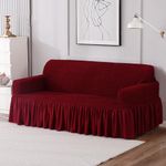 HOKIPO Stretchable Elastic Turkish Bubble Frill Cover for Sofa 3 Seater, 280 GSM, Cherry Red (AR-4604-B5)