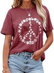 JeimPoey Women Peace Sign T-shirt Flower Print Graphic Tees Daisy Pattern Floral Loose Novelty Shirts Short Sleeve Brick Red