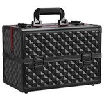 Yaheetech Professional Makeup Box Extra Large Cosmetic Case with 4 Trays, Beauty Nail Polish Jewellery Case Train Case Lockable, Black/Red