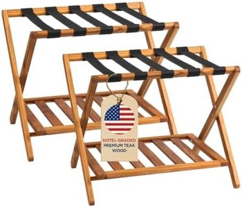 GREENTEAK Premium Set of 2 Teak Wood Luggage Rack, 25" Foldable Suitcase Stand with Storage Shelf, Ergonomic Height for Easy Packing, Heavy-Duty Straps, Guest Room, Hotel & Bedroom, 176 Lbs Capacity