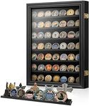 DecoWoodo Military Challenge Coins Display Case Wall Mount with HD Glass Door, 7 Rows Coin Holder Display Cabinet Rack Shadow Box with Removable 2 Grooves Shelves for Medal Casino Poker Chips, Black