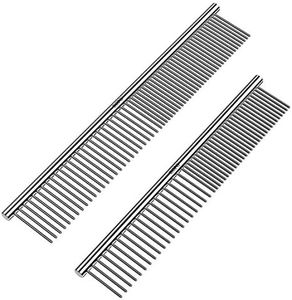 CWXZSTM Pet Steel Combs Dog Cat Comb Tool for Removing Matted Fur - Pet Dematting Comb with Rounded Teeth and Non-Slip Grip Handle - Prevents Knots and Mats for Long and Short Haired Pets,6.5IN/7.4IN