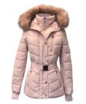 MICHAEL Michael Kors Women's Faux Fur Hooded Puffer Scuba Belted Coat Jacket Blush (US, Alpha, Small, Regular, Regular)