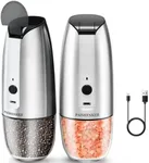 Electric Salt and Pepper Shakers Set, Rechargeable Pepper Grinder Mill Set Refillable Auto Peppermills with Light, Adjustable Roughness,Stainless Steel with One Hand Operation