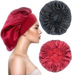 2PCS Large Satin Silk Hair Bonnet for Sleeping,Elastic Wide Band Bonnets for Black Women Braids,Silk Hair Wrap Night Sleep Caps for Women Curly and Natural Hair (Black,Wine Red)