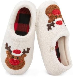 HomeTop Women's Fuzzy Curly Fur Memory Foam Loafer Slippers Bedroom House Shoes with Polar Fleece Lining (11-12 US,Xmas Reindeer)