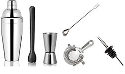 Dynore Stainless Steel 6 Pcs Multiutility Bar Set/Bar Accessories- Fork Bar Spoon, Delux Cocktail Shaker 750 ml, Black PVC Muddler, Cocktail Strainer, Tall Peg Measure 30/60 ml, 1 Pour Spout