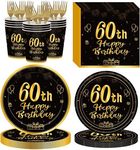 120Pcs 60th Birthday Party Supplies Plates Napkins Cups Forks Tableware Set Gold Black Happy 60th Birthday Themed Disposable Tableware Decoration Serves 24 Guests for Women Men 60 Years