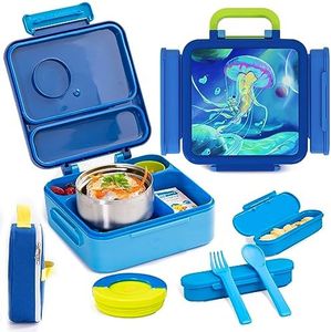 HAIXIN Bento Box for Kids - Insulated Lunch Box with Thermos for Hot Food, Leak-Proof Kids Lunch Box with Cutlery and Snack Box, 4-Compartments Lunch Container for School Outdoors Office (Blue)