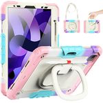 SEYMCY Kids Case for iPad Air 5th/4th Generation 10.9 inch, Shockproof Case with Screen Protector, 360° Rotating Handle Stand, Carrying Strap, Pen Holder for iPad Air 2022/2020 Case 10.9" Kids, Pink