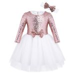 FEESHOW Baby Girls Long Sleeve Crochet Lace Flower Baptism Dress Big Bowknot Party Christening Gown (Sequined Rose Gold, 3-4)