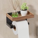 Toilet Roll Holder Wall Mounted - SWTYMIKI No Drill Self Adhesive Toilet Paper Holder with Wood Shelf for Storage, Rustproof Washroom Tissue Roll Holder Dispenser for Bathroom and Kitchen, Brown