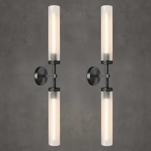 ZHFLT 2Pc 30" Knurled Black 2 Light Wall Sconces, Long Modern Hardwired Bathroom Vanity Light, Frosted Glass Tube Linear Modern Wall Light Fixtures, for Mirror, Bedroom, Living Room, Hallway