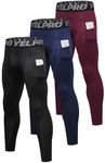 Queerier Compression Pants Mens Athletic Leggings with Pockets Running Workout Yoga Tights Base Layers, Black+navy+wine, X-Large