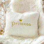 Peach Cuddle Princess Embroidered Velvet Fur Cushion for Kids Room, Living Room, Bedroom, Luxury Furnishing, Throw Pillow (12x18 inch, White, Rectangle)