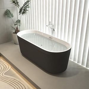 ShiningLove 67" Acrylic Freestanding Bathtub Contemporary Soaking Tub With Wrinkle Design Chrome Overflow And Drain Fluted Style-Gloss White Tub For Home Hotel Bathroom Black One size