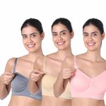 motherly Maternity Bra Padded Breastfeeding Nursing Bras for Women with Removable Pads (Large, Grey+ Skin+ Pink)