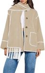 Angashion Womens Oversized Embroidered Scarf Woolen Blend Coat Jacket Long Sleeve Button Down Outerwear With Tassel Scarf Light Khaki X-Large