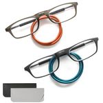 WenYa 2 Pairs Magnetic Reading Glasses with Adjustable Temples, Hanging Neck Foldable Reading Glasses for Women and Men Unisex Readers (Orange, darkcyan, 2, Dioptres)