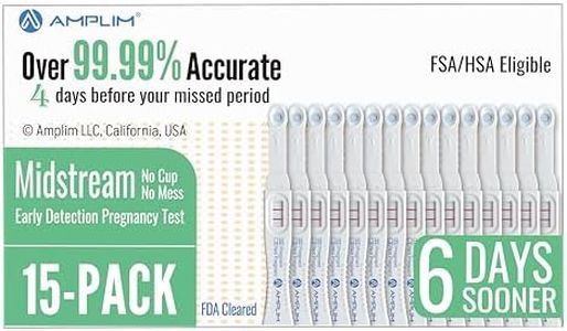 Amplim HCG Early Detection Pregnancy Test Bulk Stick 6-Days Sooner, Extra Sensitive 10 MIU/mL, Midstream 2-Sec Easy Home Tests, 99.99% Accurate Result (15 Pack)