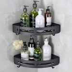 Mayhomy Shower Shelf Corner Caddy - 2 Piece Drill-Free Shower Shelves Corner Organizer, Bathroom Storage Etagere Douche with 4 Hooks (Matte Black)