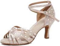Minishion Comfortable High Heel Dance Shoes for Women Rhinestones Wedding Sandals L506 Nude 3" Heel US 8