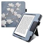 kwmobile Case Compatible with Kobo Libra H2O - Case PU Leather Cover with Magnet Closure, Stand, Strap, Card Slot - Magnolias Taupe/White/Blue Grey