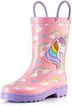 Puddle Play Waterproof Pink Unicorn Rubber Rain Boots Easy-On Handles - Size 11 Little Kid