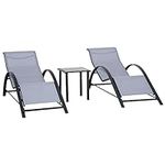 Outsunny 3 Pieces Patio Pool Lounge Chairs Set, Outdoor Chaise Lounge with 2 S-Shaped Sunbathing Chairs and a Glass Top Table, for Yard Garden, Light Grey