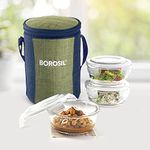 Borosil Ace Borosilicate Glass Lunch Boxes Set of 3 (400 ml Each) with Lunch Bag, Round, Lunchboxes for Office & College, Microwave Safe, Leak Proof (Transparent, Green)