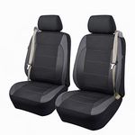 Flying Banner car seat Covers Quality Carbon Fiber Faux Leather Mesh Fabric Sport Low High Back Bucket Back Pocket Arm Rest Car SUV Truck Pick UP (2 Fronts-Low Bucket-Built-in Seatbelt Compatible, Gray)