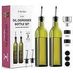 Superior Olive Oil Dispenser Set - Slim Dark Green Design Oil and Vinegar Dispenser - Funnel For Easy Refill - Oil Dispenser Bottle For Kitchen With 4 Pouring Spouts and Labels - Glass Oil Bottle Set.