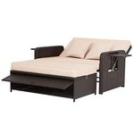 COSTWAY Garden Rattan Daybed, 4-Level Adjustable Patio Wicker Loveseat Sofa Bed Sun Lounger with Storage Ottoman, Retractable Tray & Cushions, Outdoor Double Conversation Furniture (Beige+Mix Brown)