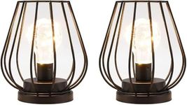 TRIROCKS Set of 2 Metal Battery Operated Lamp 17cm Tall Mini Cage Shape Cordless Table Lamp Battery Lanterns with Warm Fairy Lights Bulb for Patio Garden Wedding Parties Indoor Outdoor (Black)