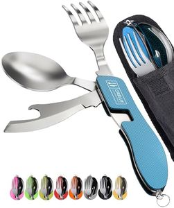 Orblue 4-in-1 Camping Utensils, 2-Pack, Portable Stainless Steel Spoon, Fork, Knife & Bottle Opener Combo Set - Travel, Backpacking Cutlery Multitool, Blue