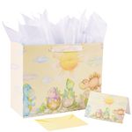 JWSCYSY 12.6" Large Dinosaur Baby Gift Bag with Tissue Paper and Greeting Card for Baby Shower, New Parents, Baby Birthday (Yellow)