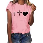 Lazzboy Women T-Shirt/Vest Tops Love Shape Heart Electrocardiogram Print Loose Short Sleeve O-Neck Ladies Blouse(3XL(18),Pink-Black Heart Ⅱ)