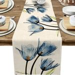 Yannify Table Runners, Fabric Table Runner 72x13 Inch Linen Blue Tulip Table Runner Farmhouse Burlap Dining Table Dresser Table Runners Wedding Party Xmas Table Decoration