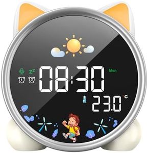 LEMNOI Réveil Educatif Jour Nuit Reveil Enfant Chatte 5 Couleurs Lumineux LED Lampe de Chevet avec Musique,Double Alarme,Température,Fonction Snooze