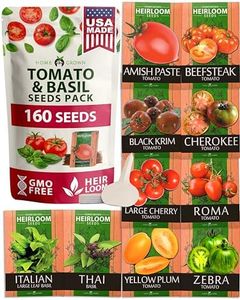 HOME GROWN Heirloom Tomato Seeds for Planting (10pk) w/Basil Seeds | 100% Non-GMO Tomatoes: Cherry, Roma, Beefsteak, Zebra, Yellow Plum, Amish Paste, Cherokee, Krim, Italian Basil, Thai Basil Seed