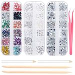 3800 Pcs Nail Art Rhinestones and Nail Gems 3 Boxs, Flat Nail Crystals Clear Rhinestones Mix Sizes with 2 Rhinestone Picker Tool Pens, 2 Nail Wooden Sticks and 1 Pink Tweezer